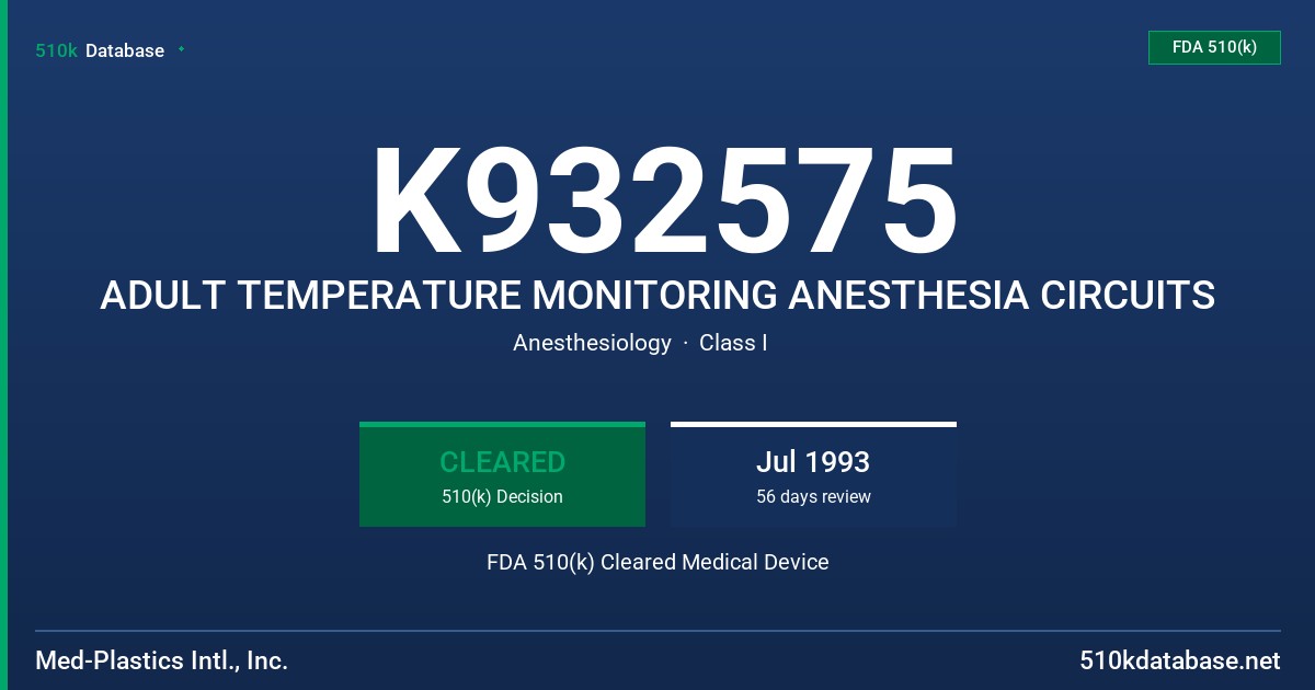 K932575 ADULT TEMPERATURE MONITORING ANESTHESIA CIRCUITS FDA 510(k) Cleared Medical Device