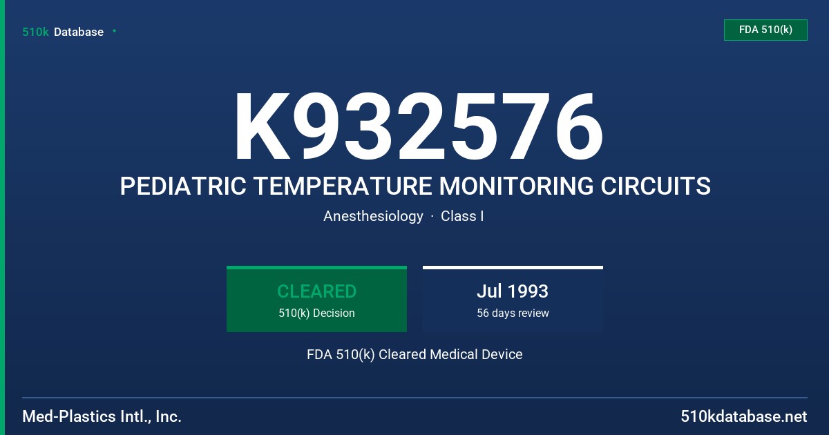 K932576 PEDIATRIC TEMPERATURE MONITORING CIRCUITS FDA 510(k) Cleared Medical Device