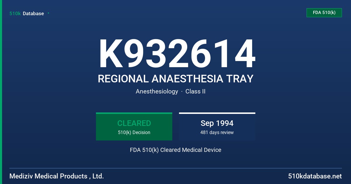 K932614 REGIONAL ANAESTHESIA TRAY FDA 510(k) Cleared Medical Device