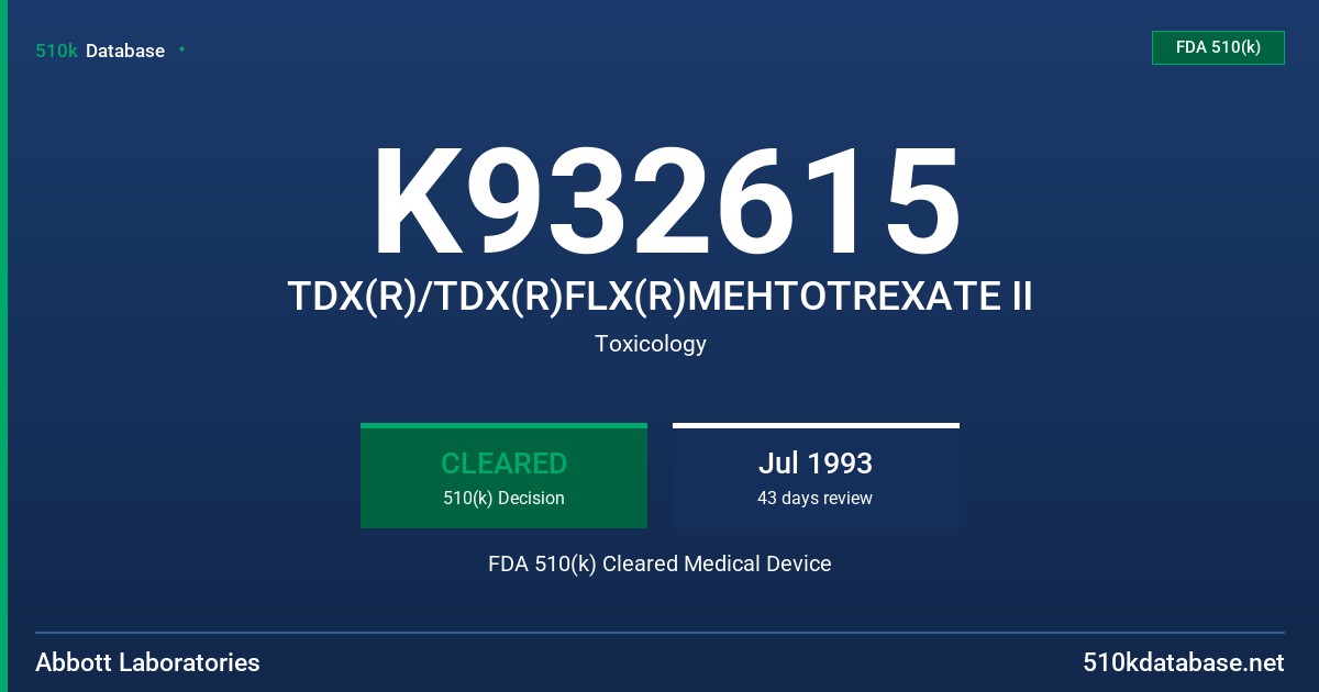 K932615 TDX(R)/TDX(R)FLX(R)MEHTOTREXATE II FDA 510(k) Cleared Medical Device