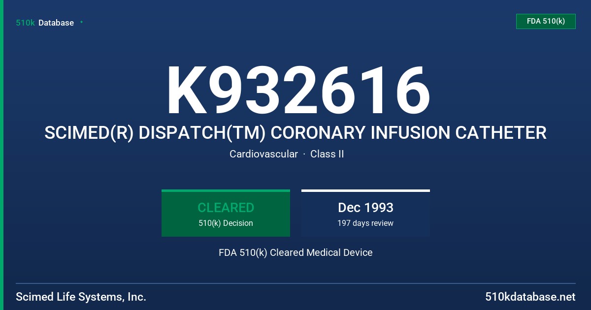 K932616 SCIMED(R) DISPATCH(TM) CORONARY INFUSION CATHETER FDA 510(k) Cleared Medical Device