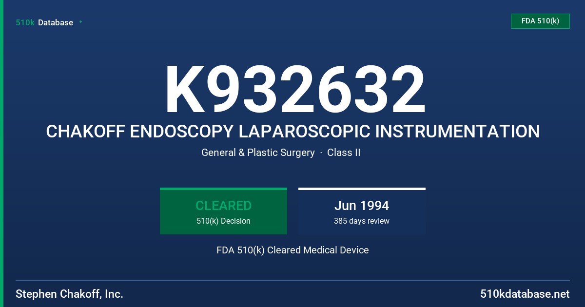 K932632 CHAKOFF ENDOSCOPY LAPAROSCOPIC INSTRUMENTATION FDA 510(k) Cleared Medical Device