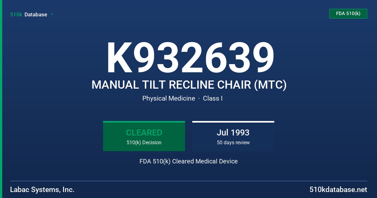 K932639 MANUAL TILT RECLINE CHAIR (MTC) FDA 510(k) Cleared Medical Device