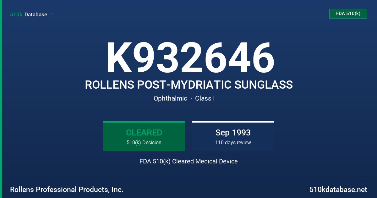 K932646 ROLLENS POST-MYDRIATIC SUNGLASS FDA 510(k) Cleared Medical Device