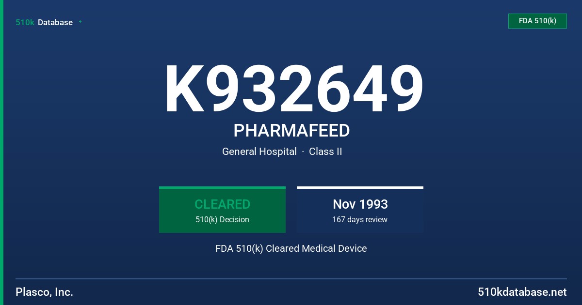 K932649 PHARMAFEED FDA 510(k) Cleared Medical Device
