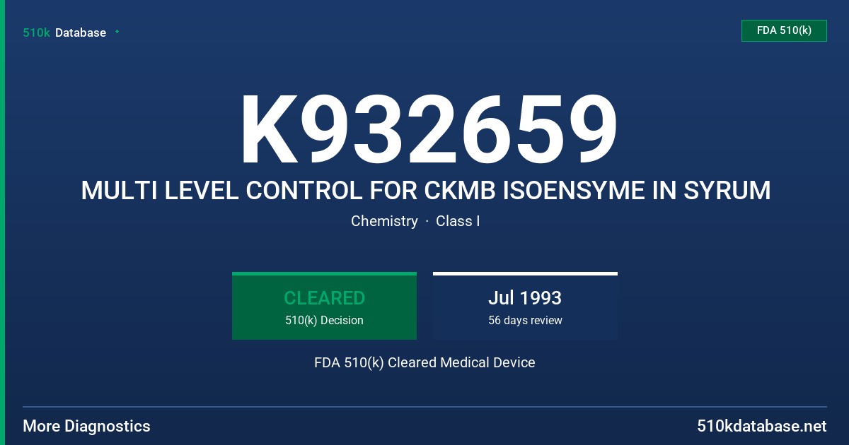 K932659 MULTI LEVEL CONTROL FOR CKMB ISOENSYME IN SYRUM FDA 510(k) Cleared Medical Device