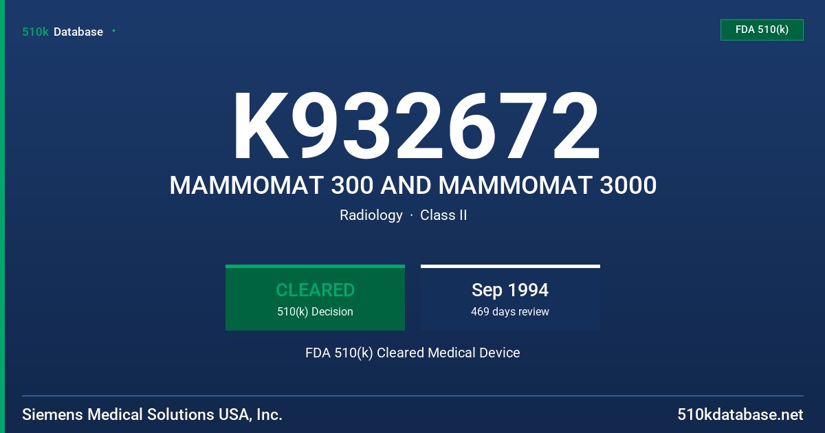 K932672 MAMMOMAT 300 AND MAMMOMAT 3000 FDA 510(k) Cleared Medical Device