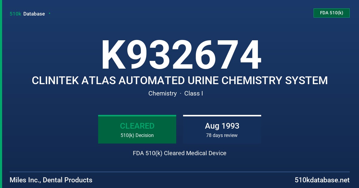 K932674 CLINITEK ATLAS AUTOMATED URINE CHEMISTRY SYSTEM FDA 510(k) Cleared Medical Device
