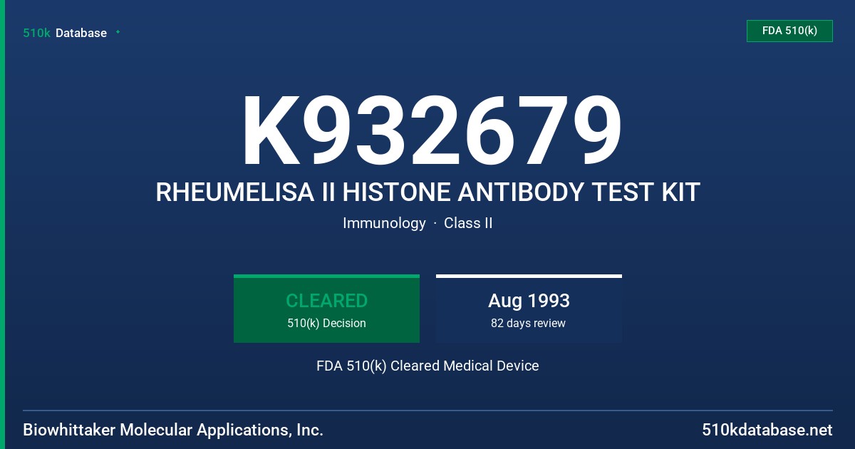 K932679 RHEUMELISA II HISTONE ANTIBODY TEST KIT FDA 510(k) Cleared Medical Device