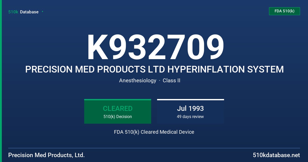 K932709 PRECISION MED PRODUCTS LTD HYPERINFLATION SYSTEM FDA 510(k) Cleared Medical Device