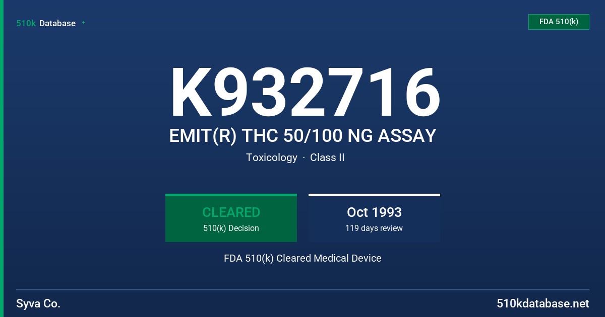 K932716 EMIT(R) THC 50/100 NG ASSAY FDA 510(k) Cleared Medical Device