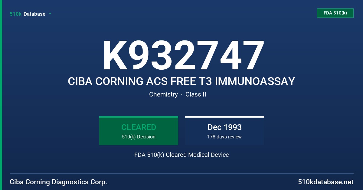 K932747 CIBA CORNING ACS FREE T3 IMMUNOASSAY FDA 510(k) Cleared Medical Device