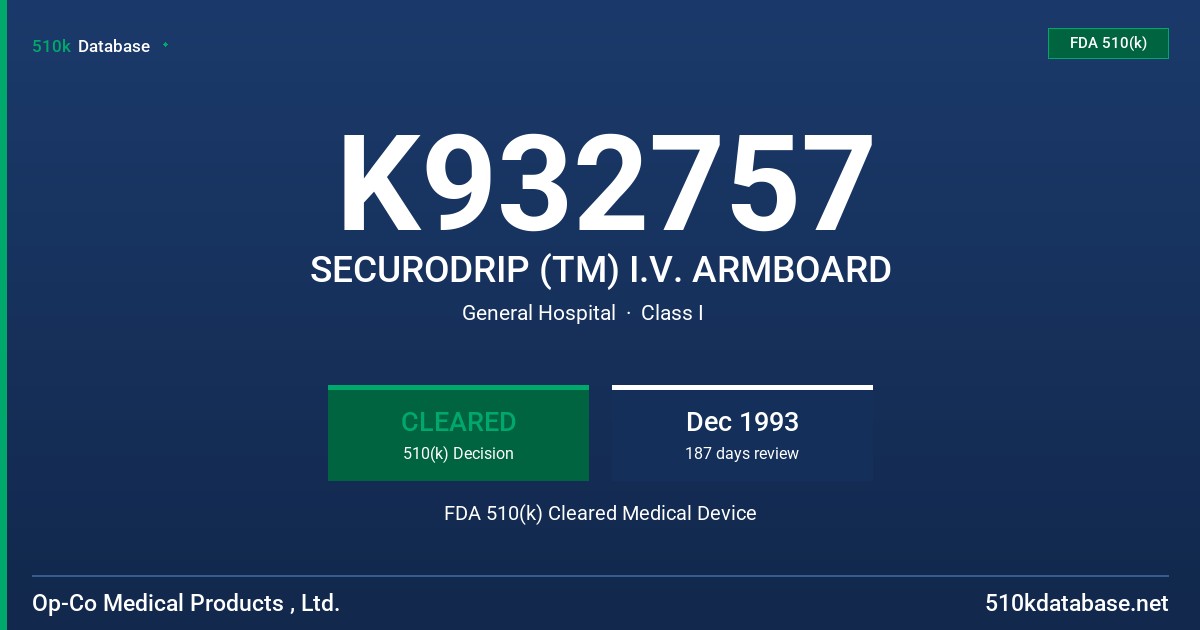 K932757 SECURODRIP (TM) I.V. ARMBOARD FDA 510(k) Cleared Medical Device