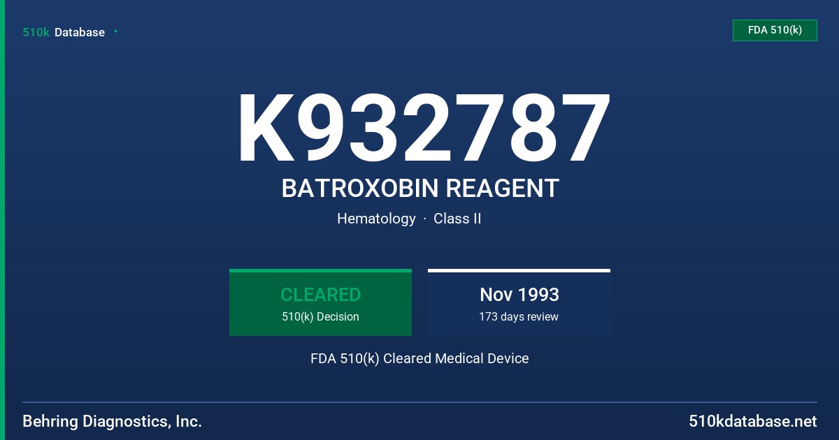 K932787 BATROXOBIN REAGENT FDA 510(k) Cleared Medical Device