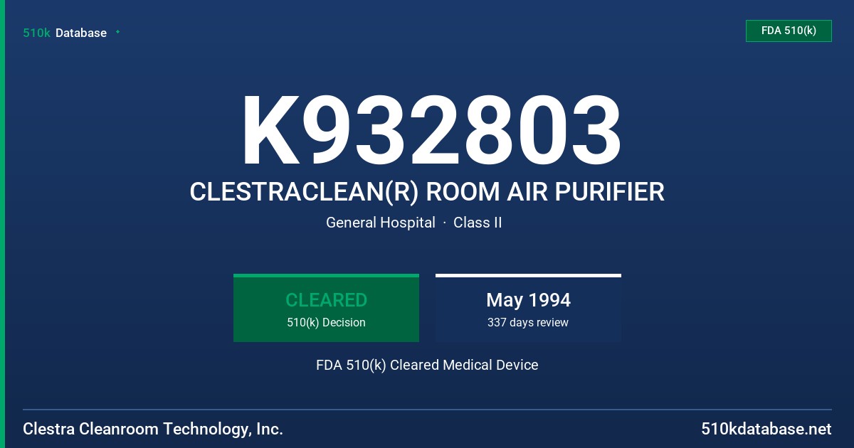 K932803 CLESTRACLEAN(R) ROOM AIR PURIFIER FDA 510(k) Cleared Medical Device