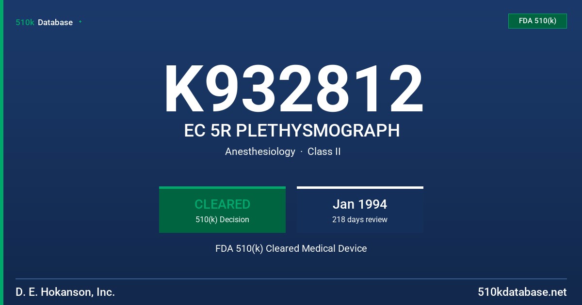 K932812 EC 5R PLETHYSMOGRAPH FDA 510(k) Cleared Medical Device