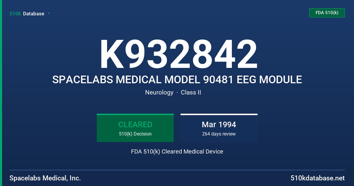 K932842 SPACELABS MEDICAL MODEL 90481 EEG MODULE FDA 510(k) Cleared Medical Device