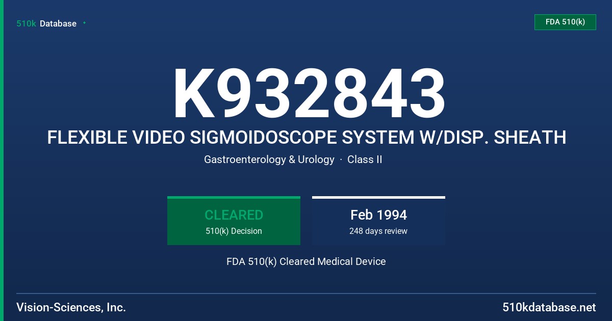 K932843 FLEXIBLE VIDEO SIGMOIDOSCOPE SYSTEM W/DISP. SHEATH FDA 510(k) Cleared Medical Device