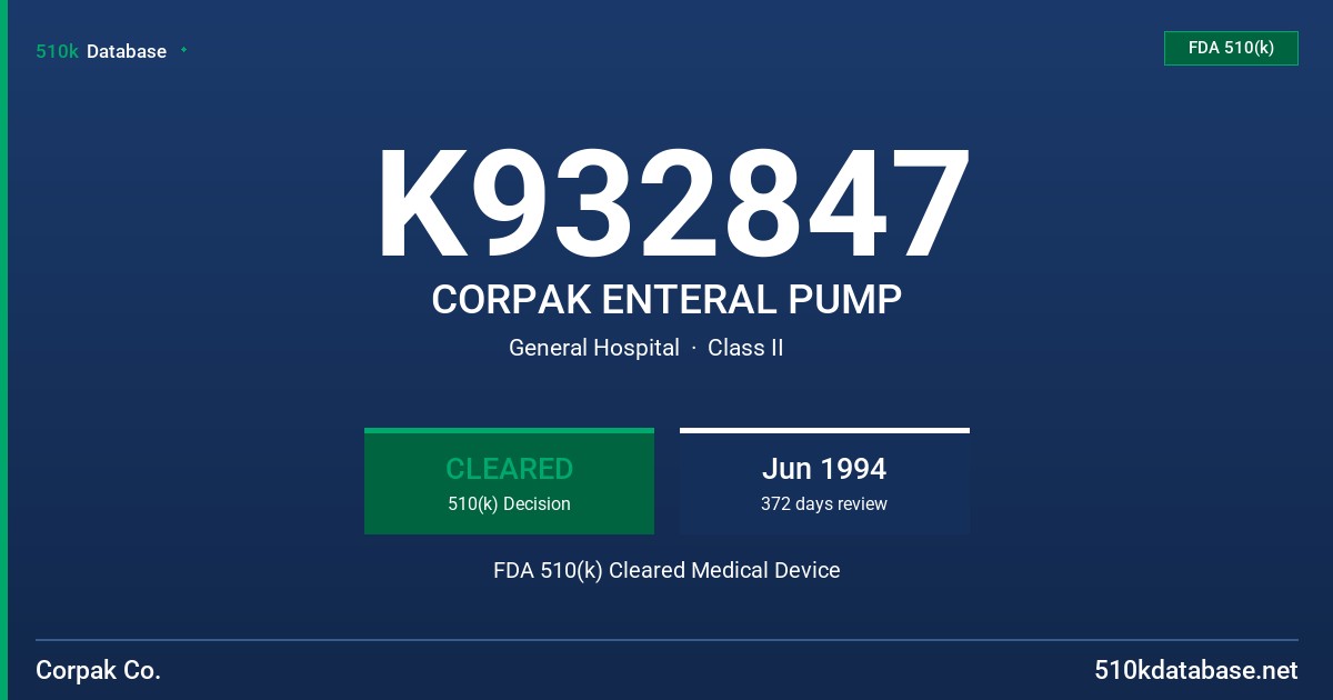K932847 CORPAK ENTERAL PUMP FDA 510(k) Cleared Medical Device