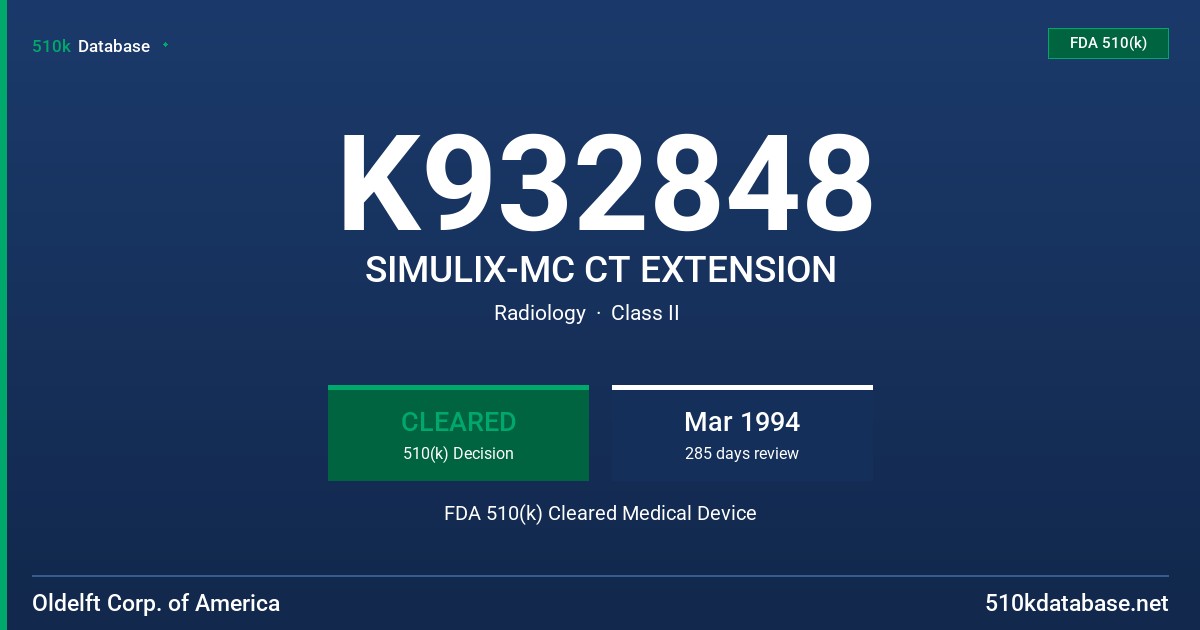 K932848 SIMULIX-MC CT EXTENSION FDA 510(k) Cleared Medical Device
