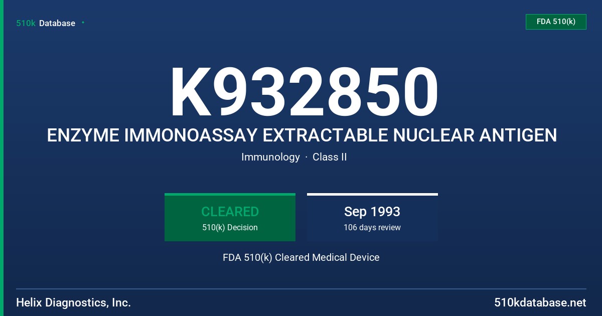 K932850 ENZYME IMMONOASSAY EXTRACTABLE NUCLEAR ANTIGEN FDA 510(k) Cleared Medical Device