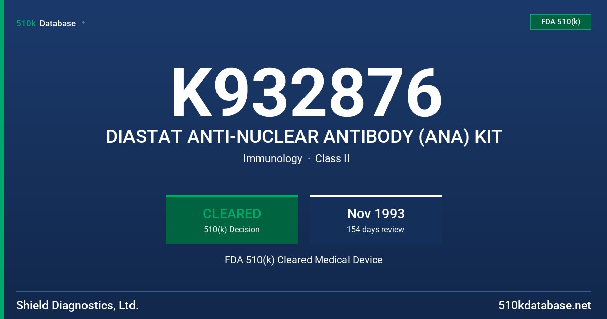 K932876 DIASTAT ANTI-NUCLEAR ANTIBODY (ANA) KIT FDA 510(k) Cleared Medical Device