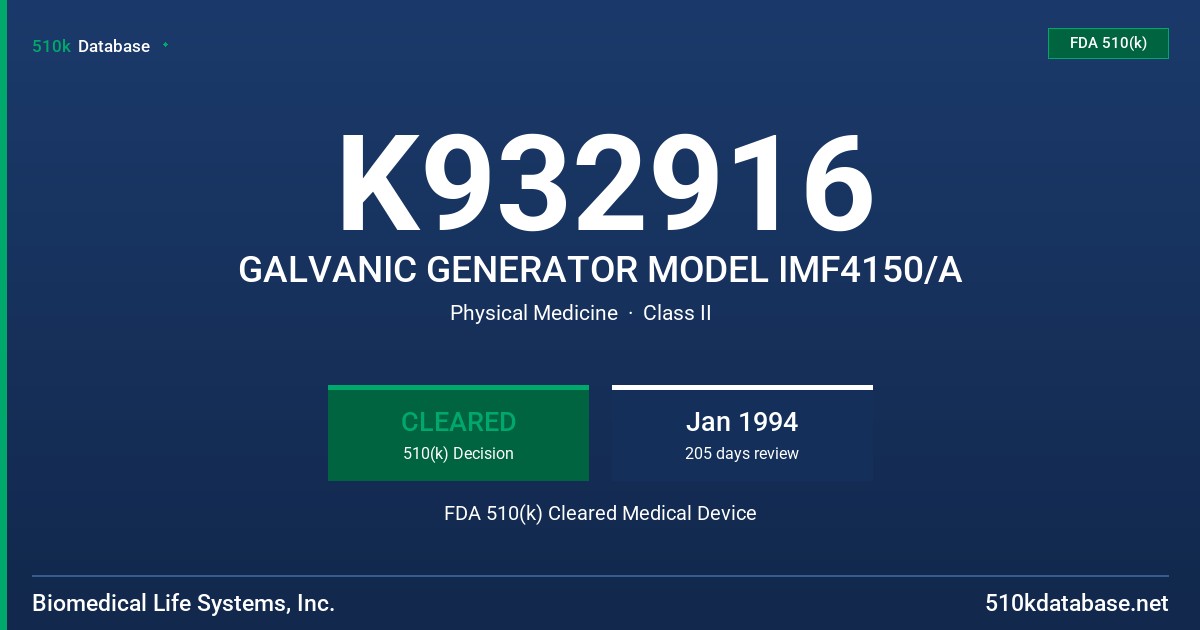 K932916 GALVANIC GENERATOR MODEL IMF4150/A FDA 510(k) Cleared Medical Device