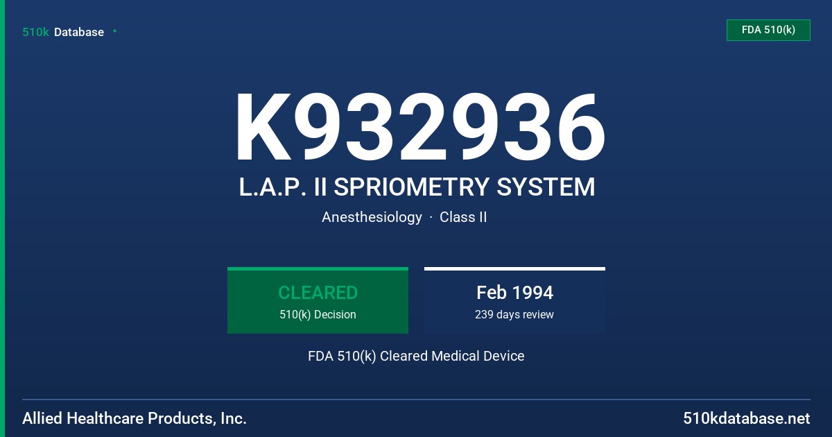 K932936 L.A.P. II SPRIOMETRY SYSTEM FDA 510(k) Cleared Medical Device
