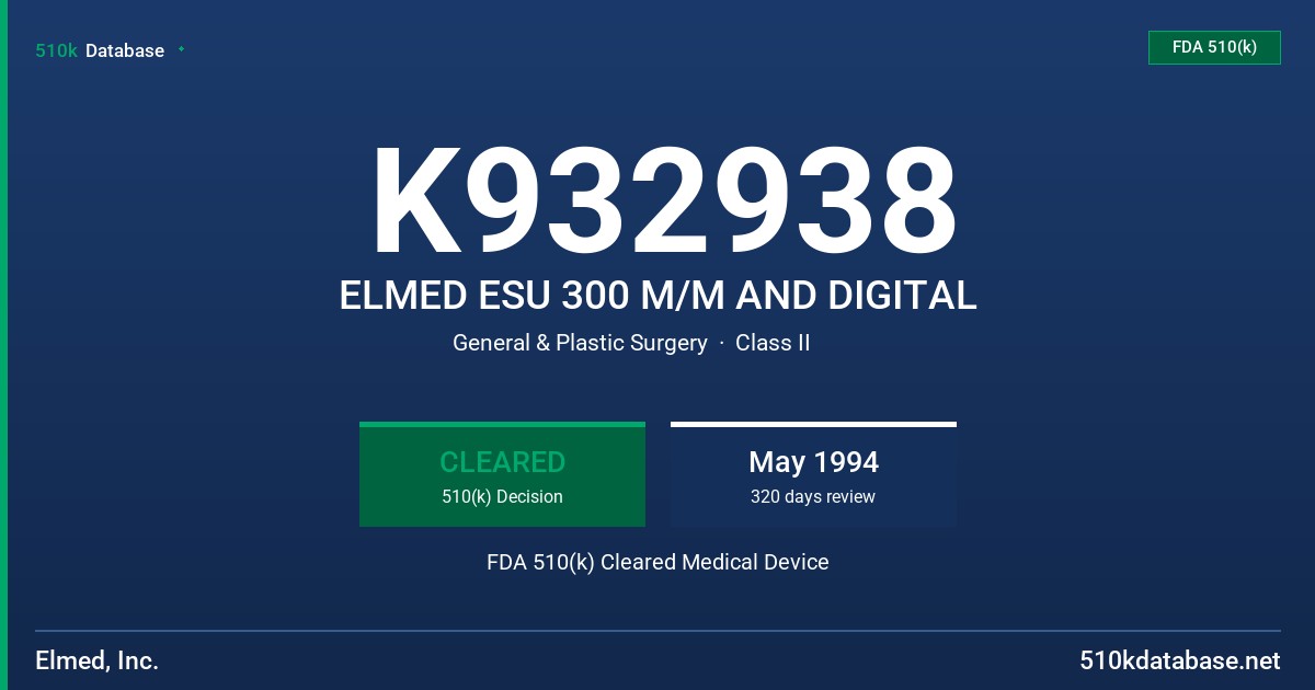 K932938 ELMED ESU 300 M/M AND DIGITAL FDA 510(k) Cleared Medical Device