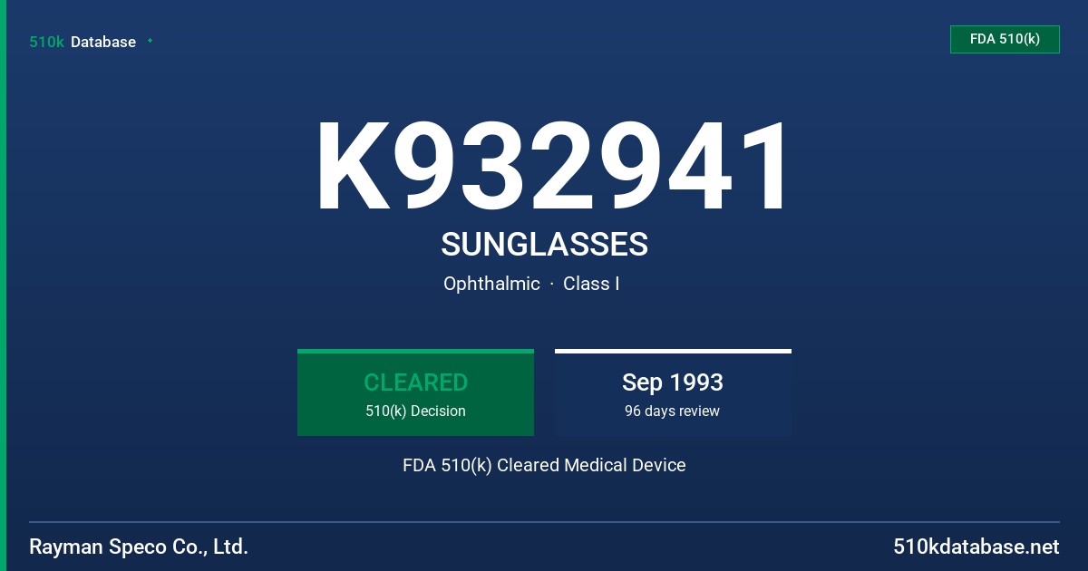 K932941 SUNGLASSES FDA 510(k) Cleared Medical Device