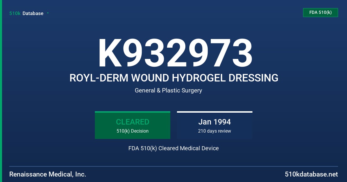 K932973 ROYL-DERM WOUND HYDROGEL DRESSING FDA 510(k) Cleared Medical Device