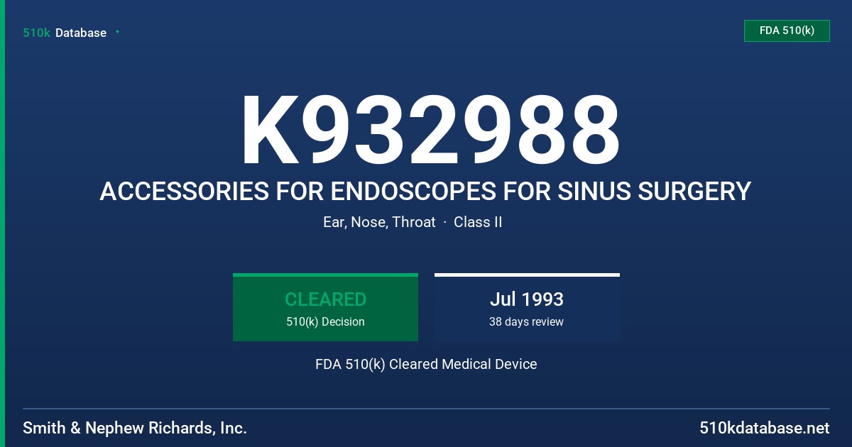 K932988 ACCESSORIES FOR ENDOSCOPES FOR SINUS SURGERY FDA 510(k) Cleared Medical Device