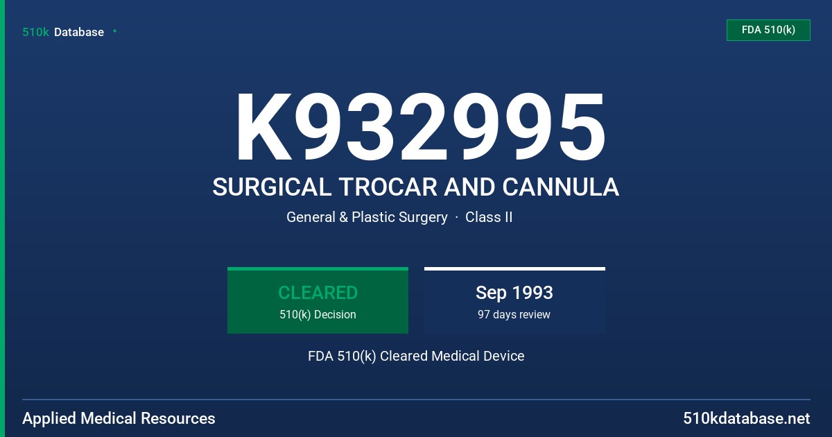 K932995 SURGICAL TROCAR AND CANNULA FDA 510(k) Cleared Medical Device
