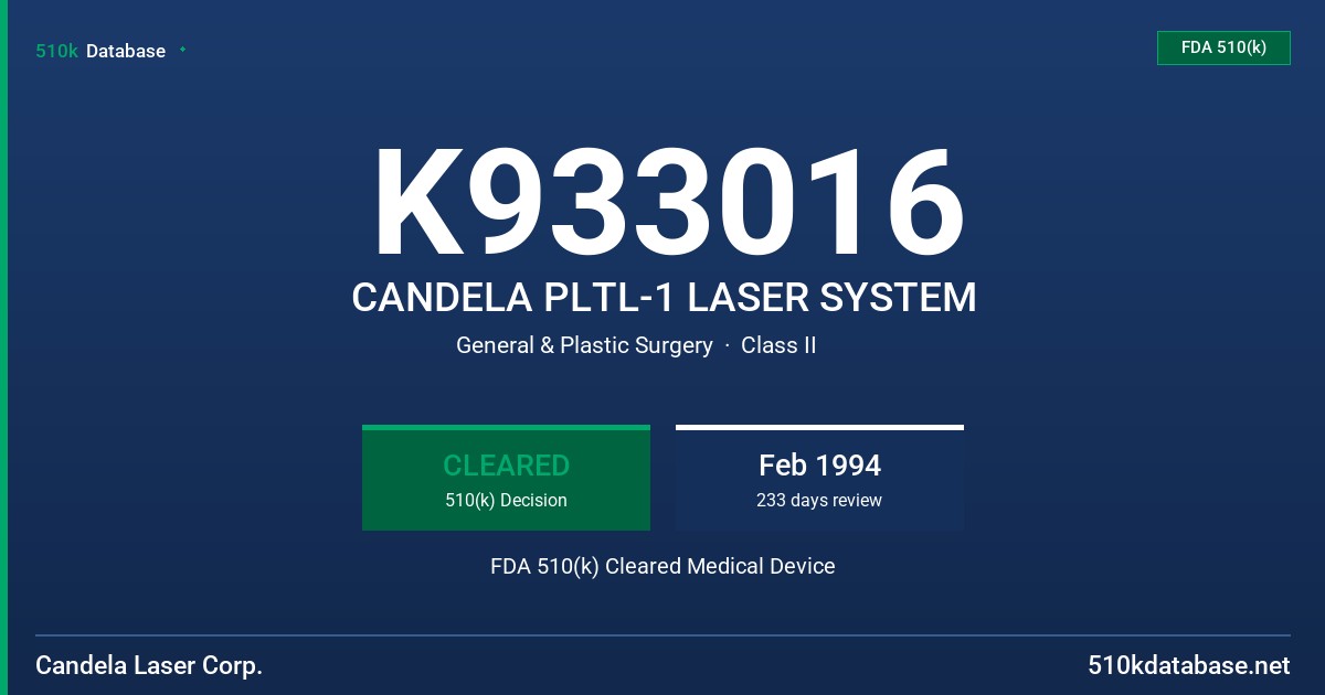 K933016 CANDELA PLTL-1 LASER SYSTEM FDA 510(k) Cleared Medical Device