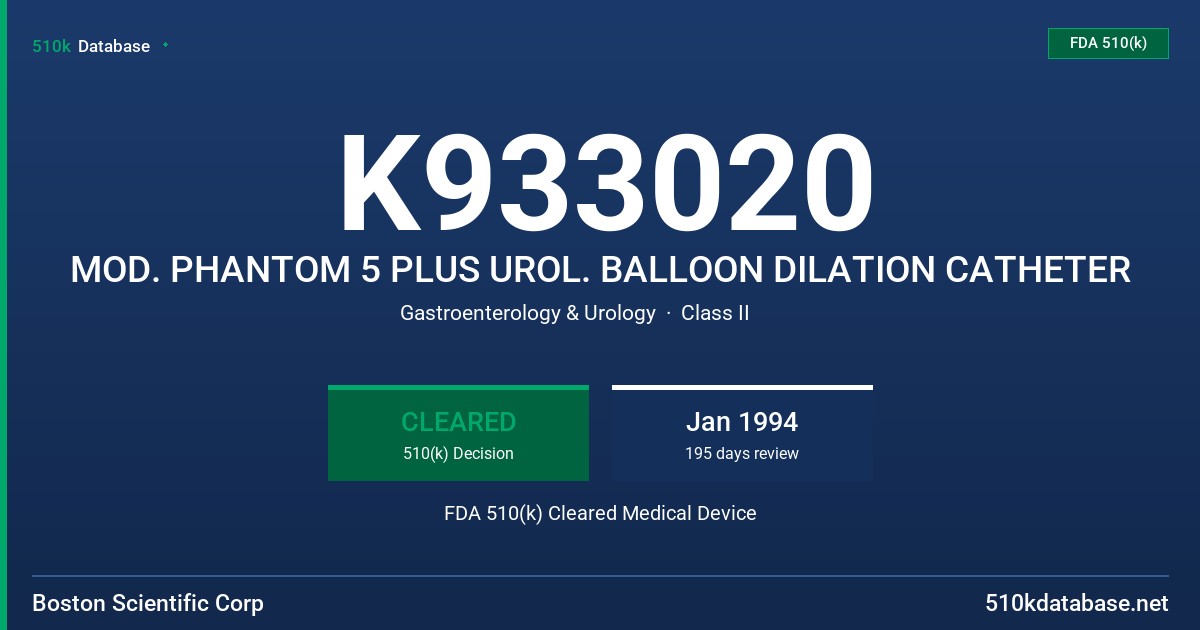 K933020 MOD. PHANTOM 5 PLUS UROL. BALLOON DILATION CATHETER FDA 510(k) Cleared Medical Device