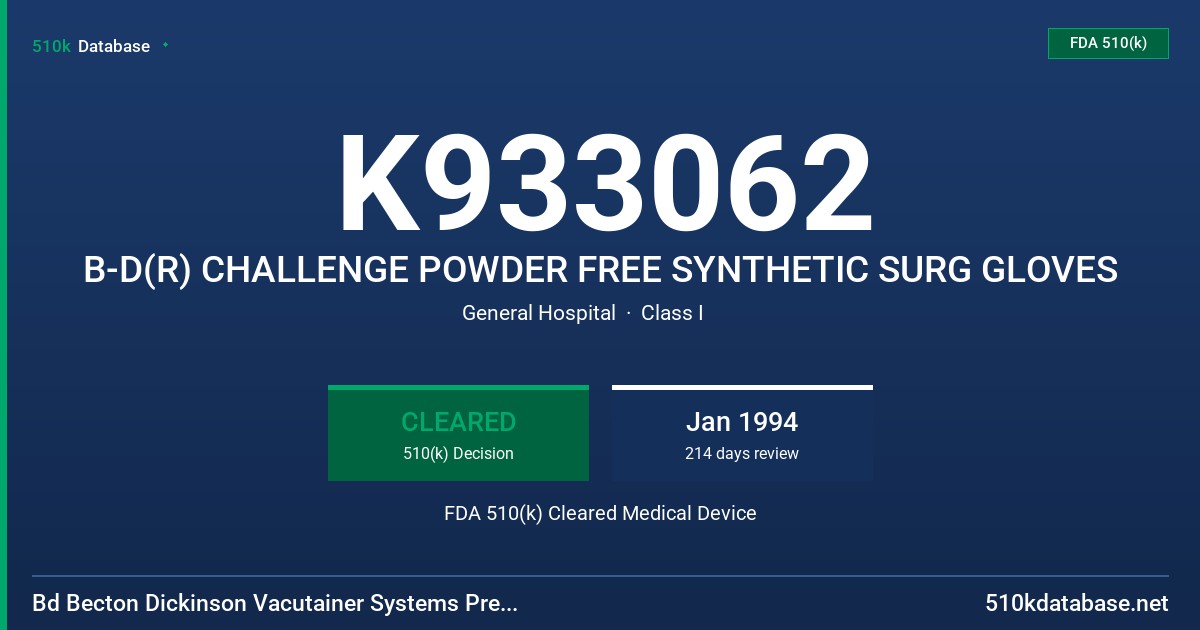 K933062 B-D(R) CHALLENGE POWDER FREE SYNTHETIC SURG GLOVES FDA 510(k) Cleared Medical Device