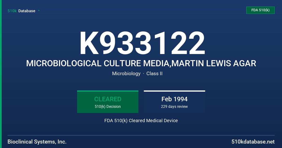 K933122 MICROBIOLOGICAL CULTURE MEDIA,MARTIN LEWIS AGAR FDA 510(k) Cleared Medical Device