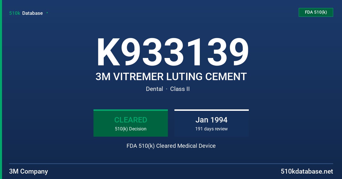 K933139 3M VITREMER LUTING CEMENT FDA 510(k) Cleared Medical Device