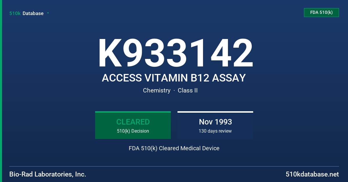 K933142 ACCESS VITAMIN B12 ASSAY FDA 510(k) Cleared Medical Device