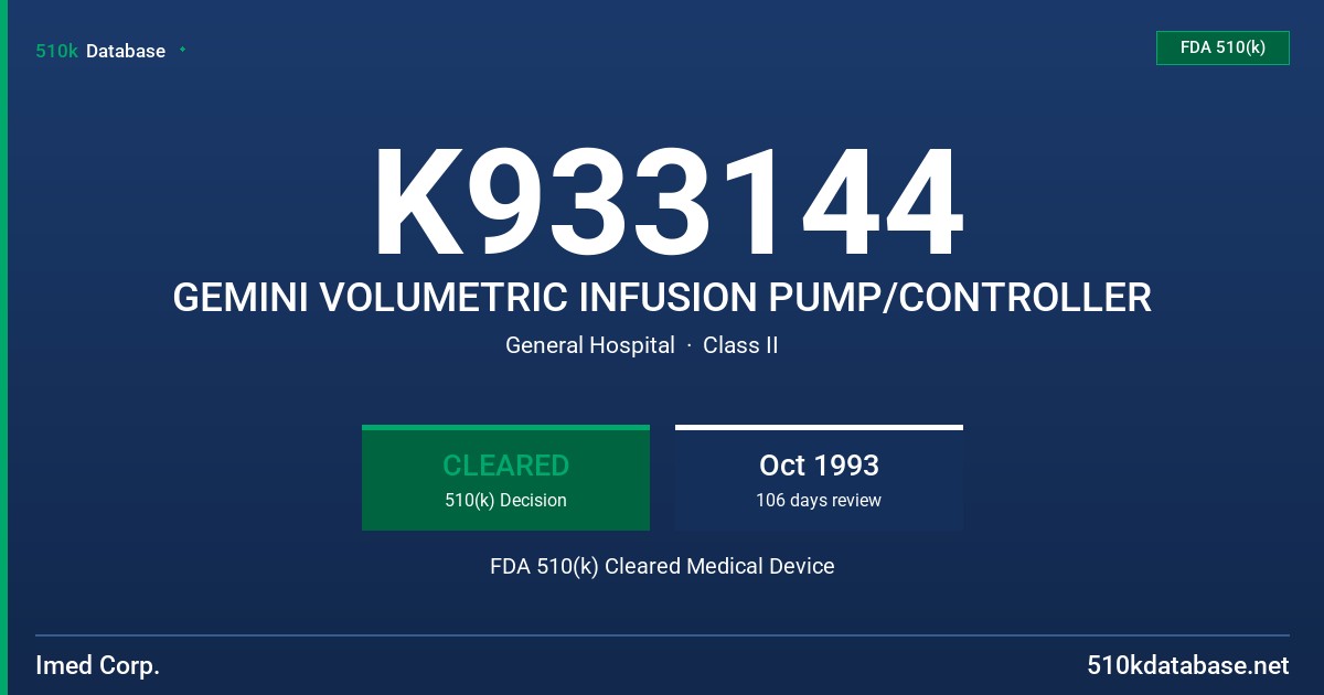 K933144 GEMINI VOLUMETRIC INFUSION PUMP/CONTROLLER FDA 510(k) Cleared Medical Device