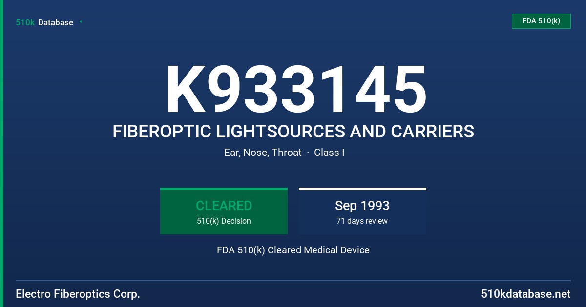 K933145 FIBEROPTIC LIGHTSOURCES AND CARRIERS FDA 510(k) Cleared Medical Device