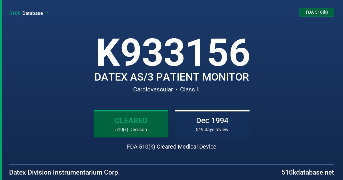 K933156 DATEX AS/3 PATIENT MONITOR FDA 510(k) Cleared Medical Device
