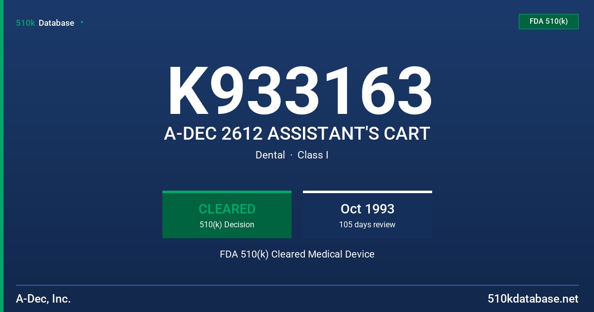 K933163 A-DEC 2612 ASSISTANT'S CART FDA 510(k) Cleared Medical Device