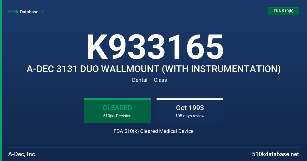 K933165 A-DEC 3131 DUO WALLMOUNT (WITH INSTRUMENTATION) FDA 510(k) Cleared Medical Device