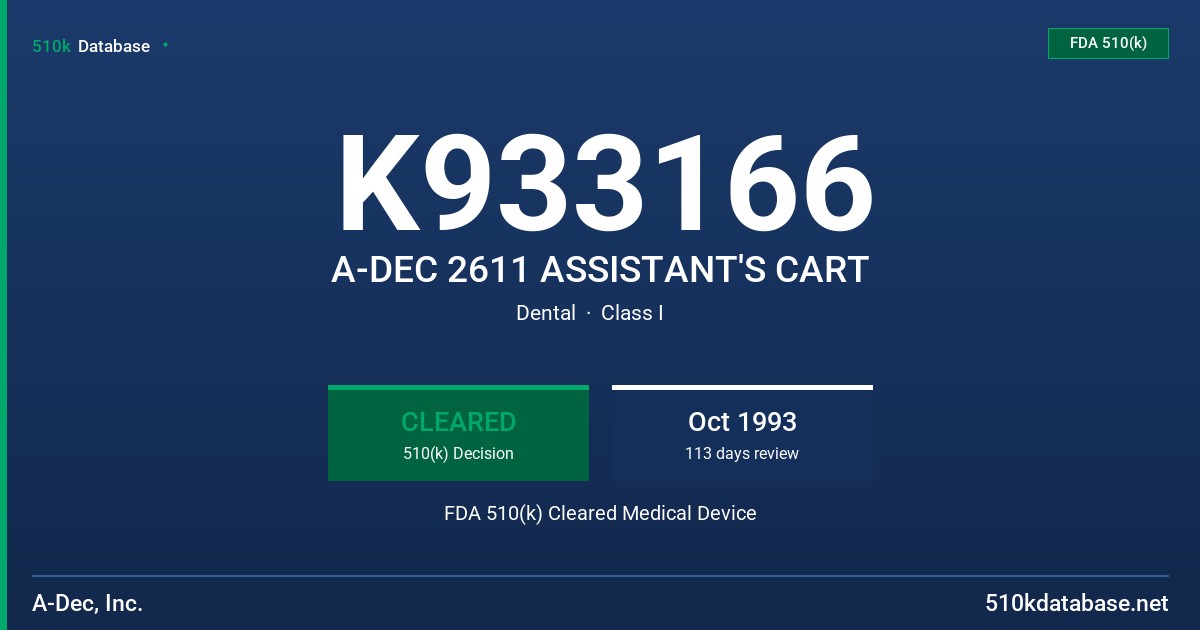 K933166 A-DEC 2611 ASSISTANT'S CART FDA 510(k) Cleared Medical Device
