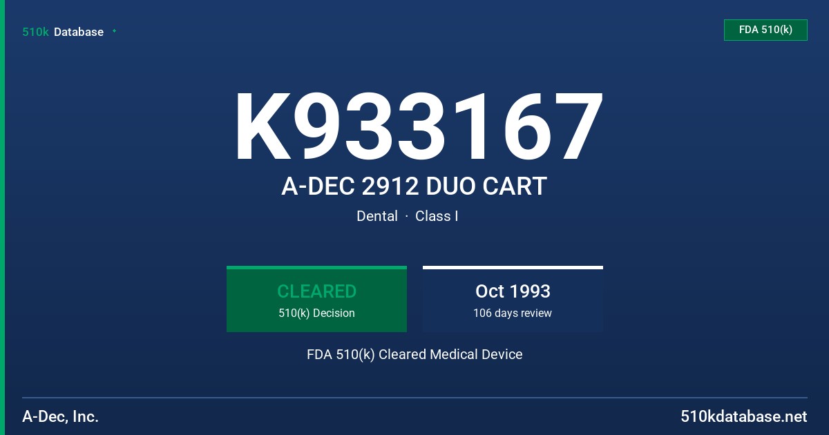 K933167 A-DEC 2912 DUO CART FDA 510(k) Cleared Medical Device
