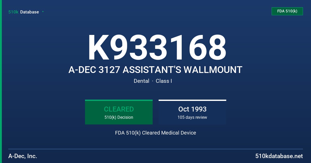 K933168 A-DEC 3127 ASSISTANT'S WALLMOUNT FDA 510(k) Cleared Medical Device