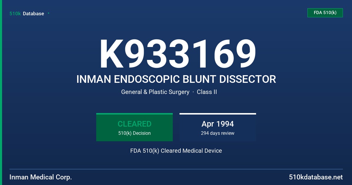K933169 INMAN ENDOSCOPIC BLUNT DISSECTOR FDA 510(k) Cleared Medical Device