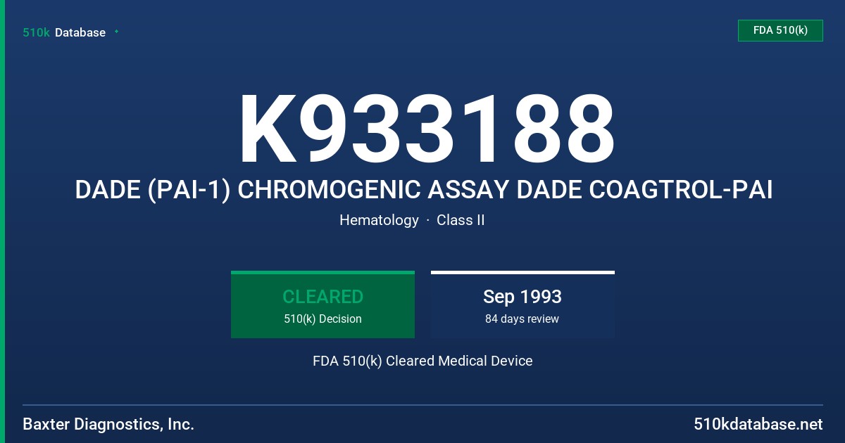 K933188 DADE (PAI-1) CHROMOGENIC ASSAY DADE COAGTROL-PAI FDA 510(k) Cleared Medical Device