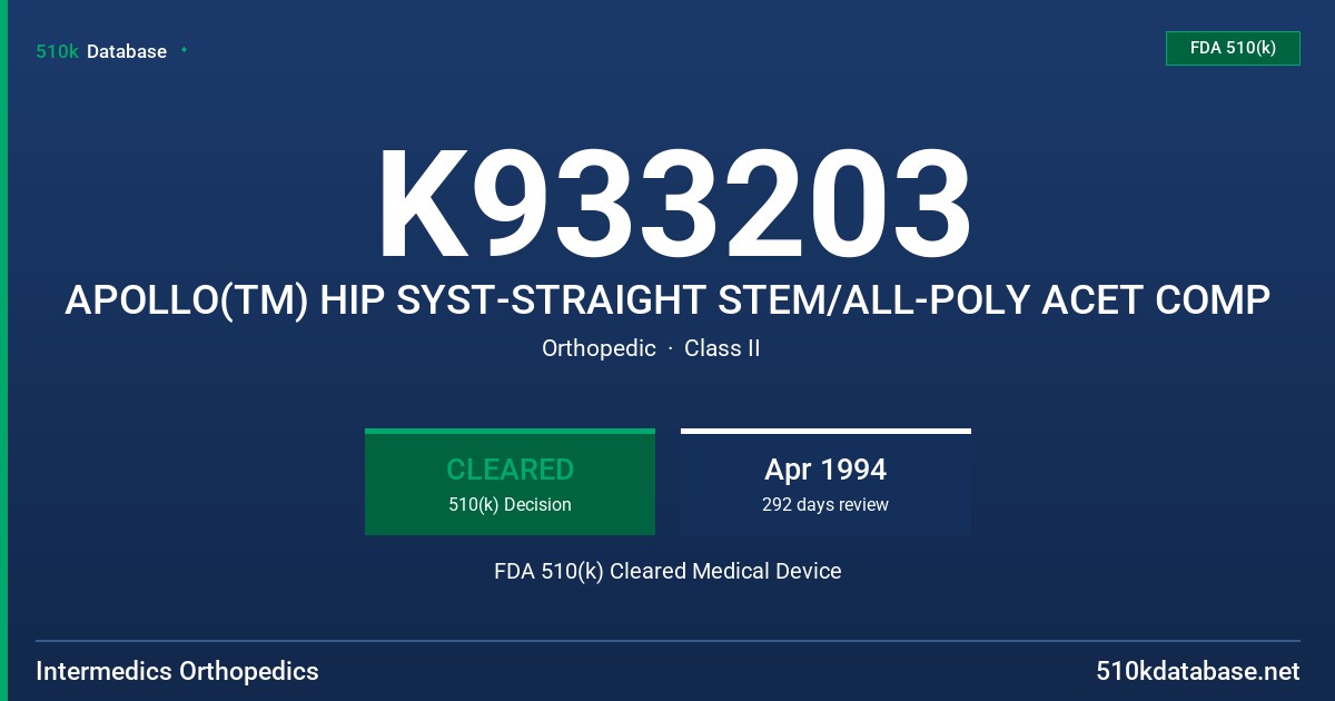K933203 APOLLO(TM) HIP SYST-STRAIGHT STEM/ALL-POLY ACET COMP FDA 510(k) Cleared Medical Device